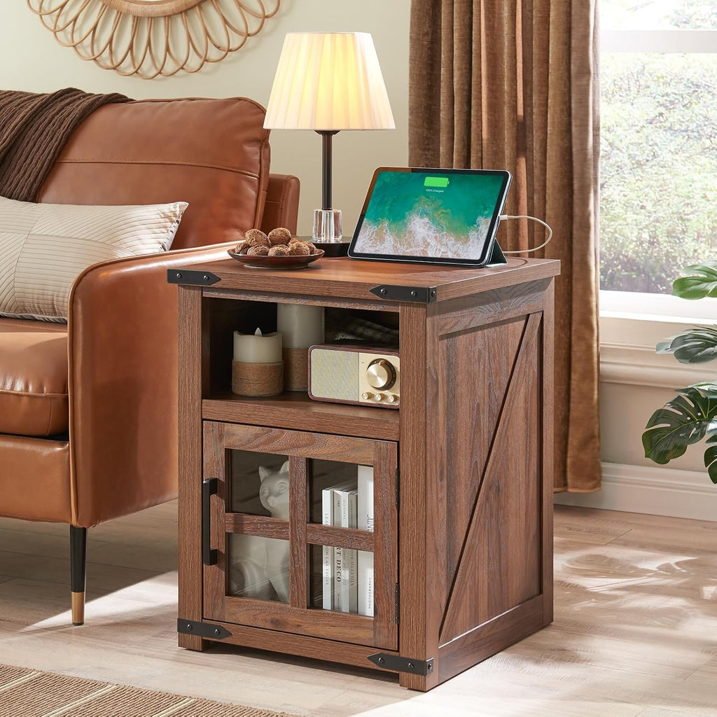Barnyatoh Farmhouse Nightstand Set of 2 with Charging Station & Glass Door | 18" Night Stand, Rustic End Table,Wood Sofa Side Bedside Table with Open Storage Shelf for Living Room, Bedroom,Walnut