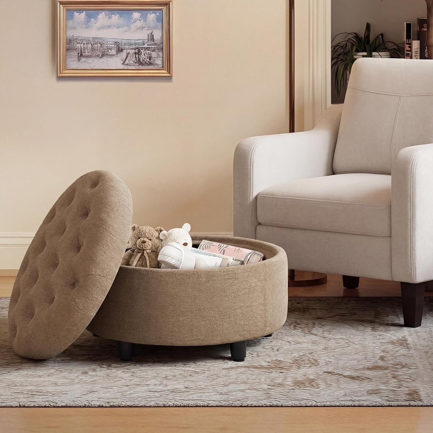 COLAMY Fabric Round Storage Ottoman with Reversible Tray Lid – Multi-Functional Footrest, Hidden Storage, Sturdy & Stylish Small Coffee Table for Living Room, Bedroom, or Entryway(Camel)