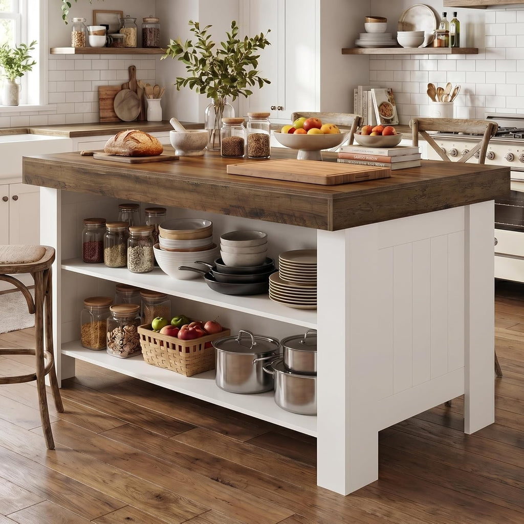 Tribesigns 55" Kitchen Island with Storage Shelves, 2-Tier Farmhouse Wood Counter Height Table with Seating, Large Stationary Island for Kitchen, Dining Room, Small Space (White)