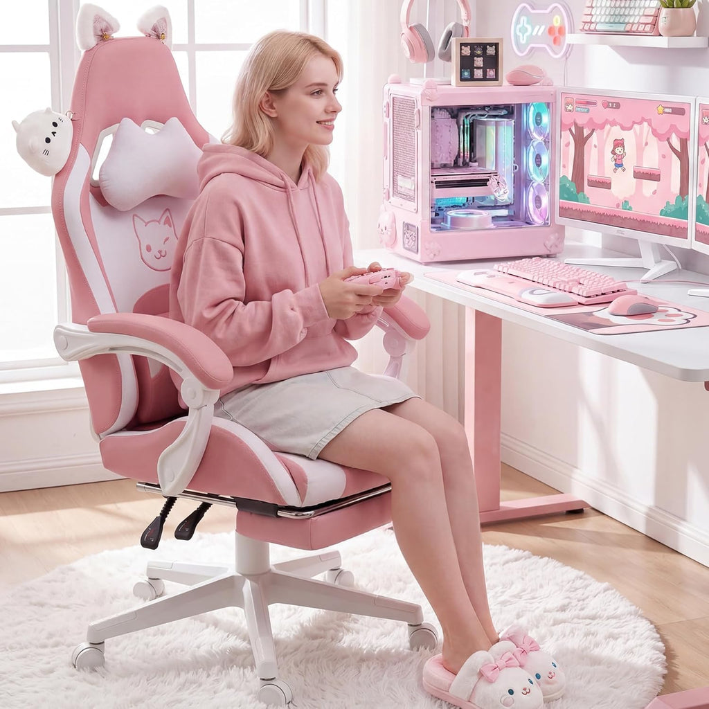 Dowinx Pink Gaming Chair with Cat Ears and Massage Lumbar Support, Ergonomic Computer Chair with Footrest and Headrest, Comfortable Reclining Game Chair 290lbs for Adults, Pink
