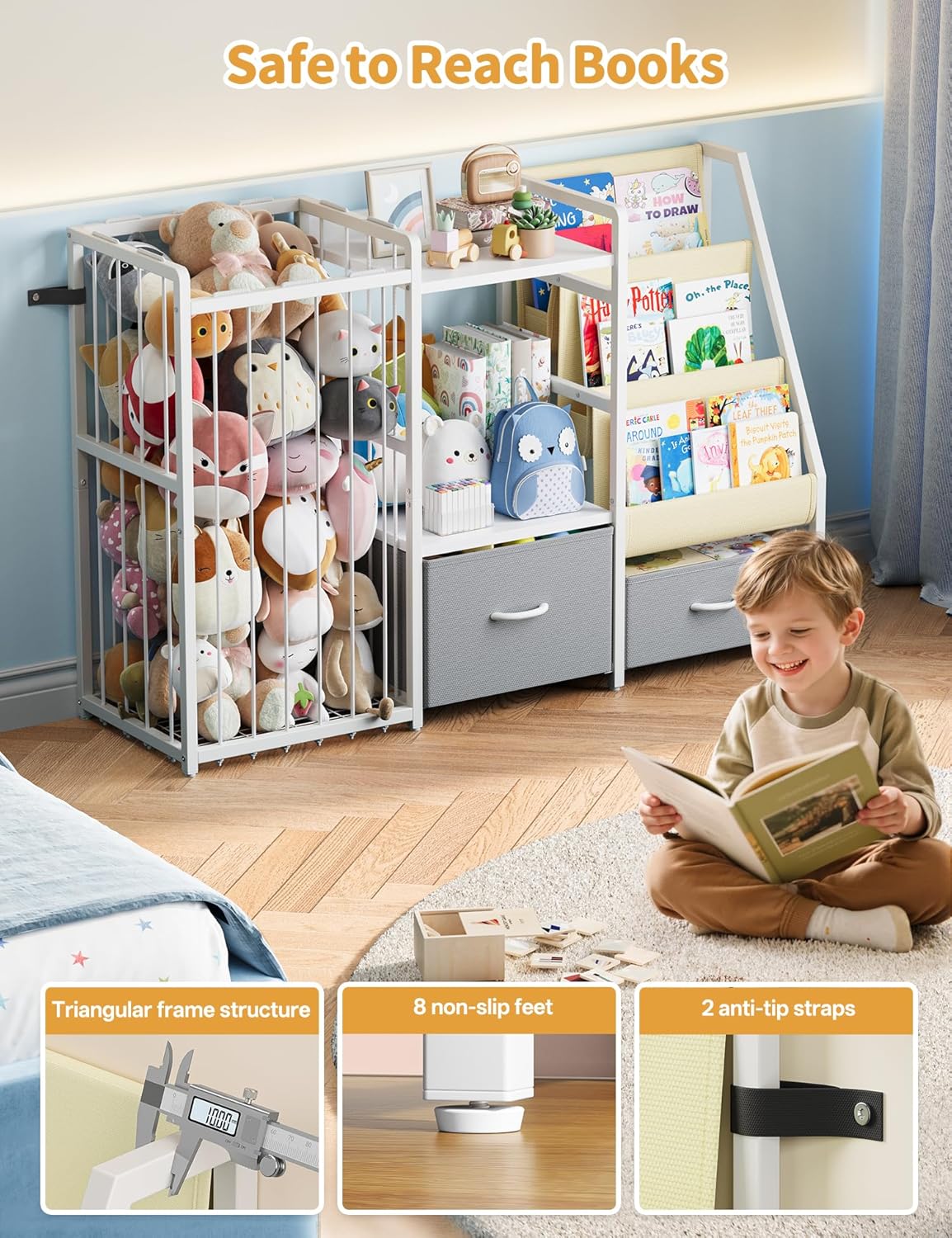 Twinkoo Kids Bookshelf and Toy Storage, Large 3 Tier Book Shelf for Kids Rooms, Sling Baby Bookcase with Stuffed Animal Storage, Toddler Montessori Bookshelf (Grey, 3 Column)