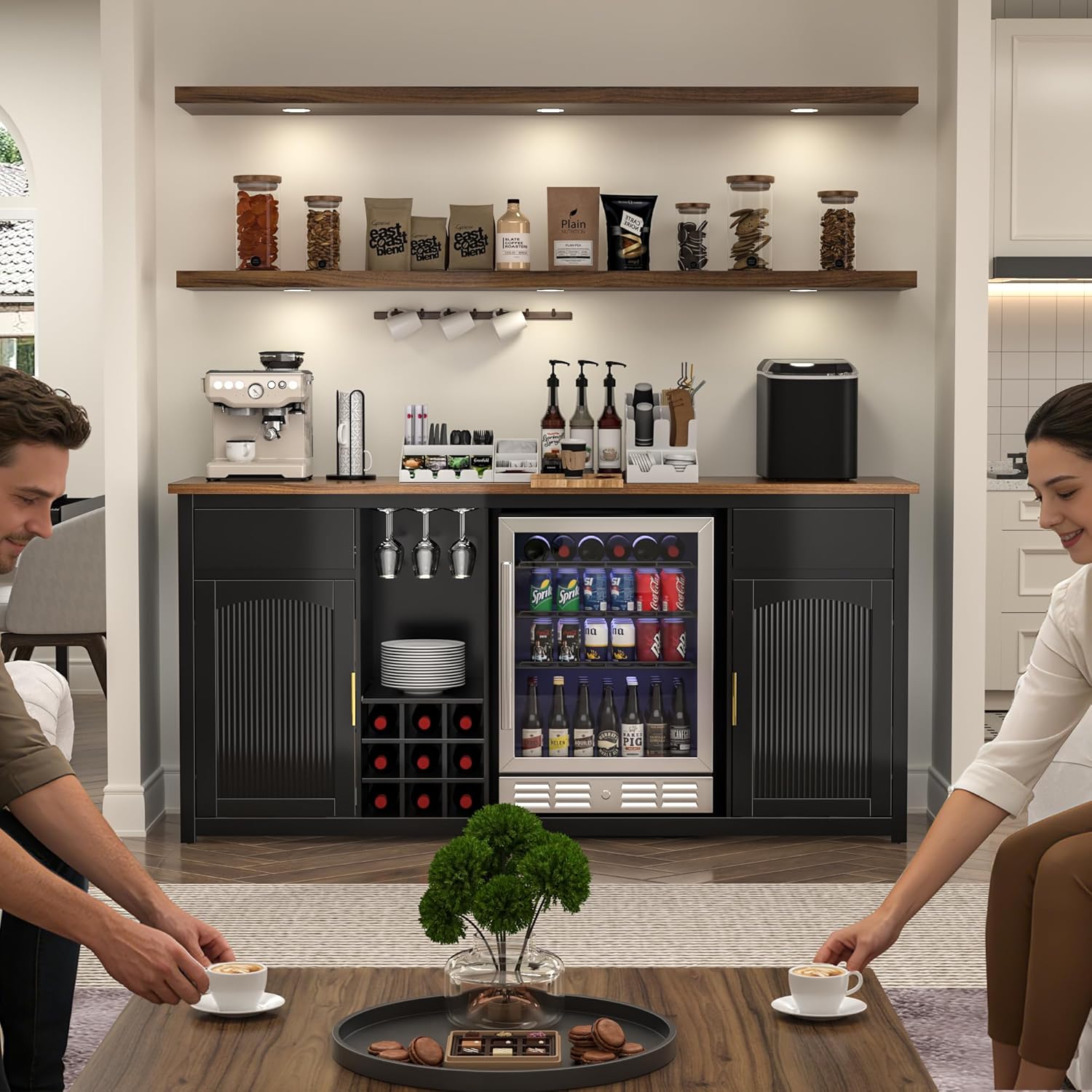 GDLF Extra Long Bar Cabinet with Fridge Space, Modern Wine Liquor Cabinet with Storage and Power Outlet, Buffet Sideboard with Fluted Doors for Home, 78.7 Inch, Black