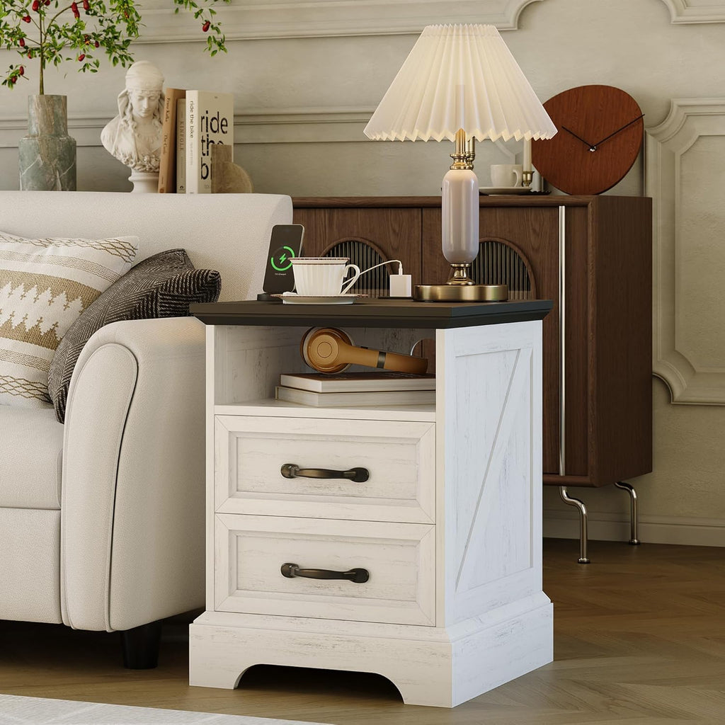 Garvee Farmhouse Rustic Nightstands with Charging Station Set of 1/2, Modern Wood Night Stands Bedside Tables with 2 Drawers, USB Ports & Outlets, White Accent Side Tables for Living Room Bedroom