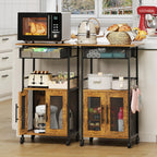 3 Tier Slim Rolling Coffee Cart with 2-Door & Pull-Out Wire Basket Drawer, Coffee Bar Cabinet on Lockable Casters, 32.7" H Microwave Cart with Storage for Home, Kitchen, Dining Room (Rustic Brown)