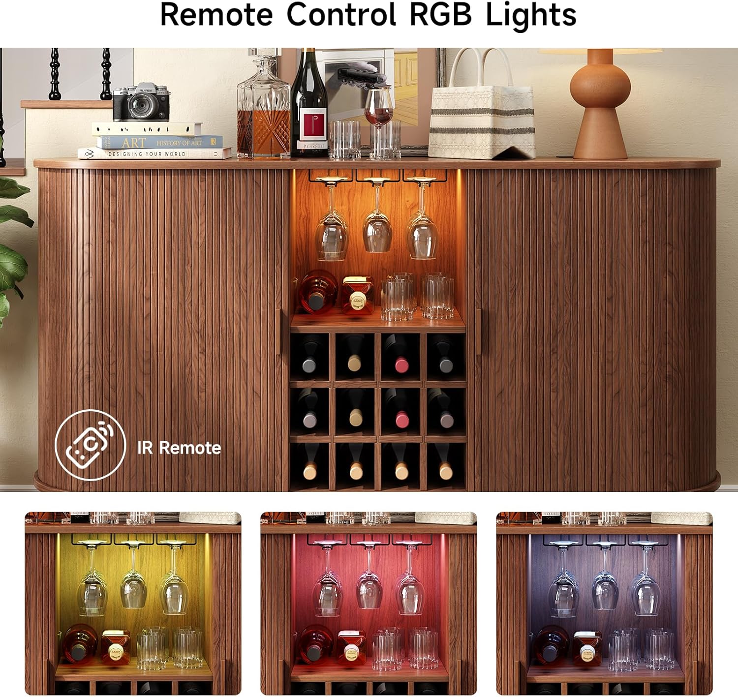 ONBRILL 63" Wine Bar Cabinet with LED Light,Modern Liquor Whiskey Coffee Station with Wine Rack and Glass Holder, Farmhouse Buffet Sideboard with Storage for Living Room, Kitchen, Entryway (Walnut)