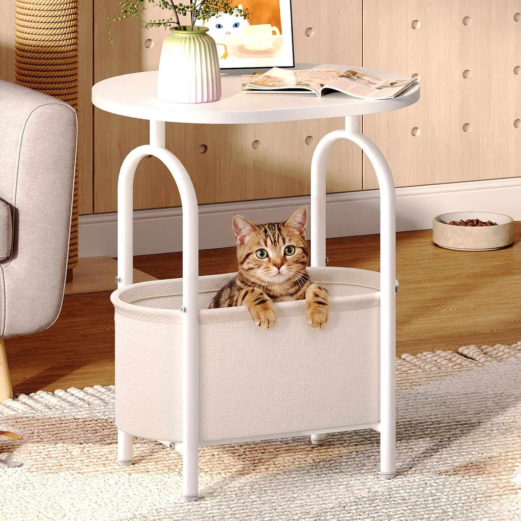 RALGEND Small Round Side Table with Fabric Basket Storage, Oval End Table for Small Spaces, Modern Coffee Bedside Table, Couch Side Table for Living Room, 15.7" X 11.8" X 24", White and Beige 8601BZWT