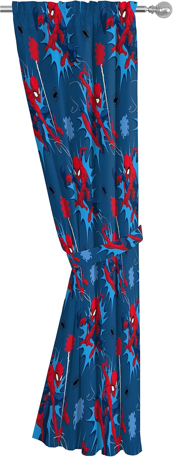 Jay Franco Kids Window Drapes - 4 Piece Curtain Set Includes 2 Tiebacks, Beautiful Bedding Room Décor and Easy Set Up, Blue - Spiderman, 63 Inch
