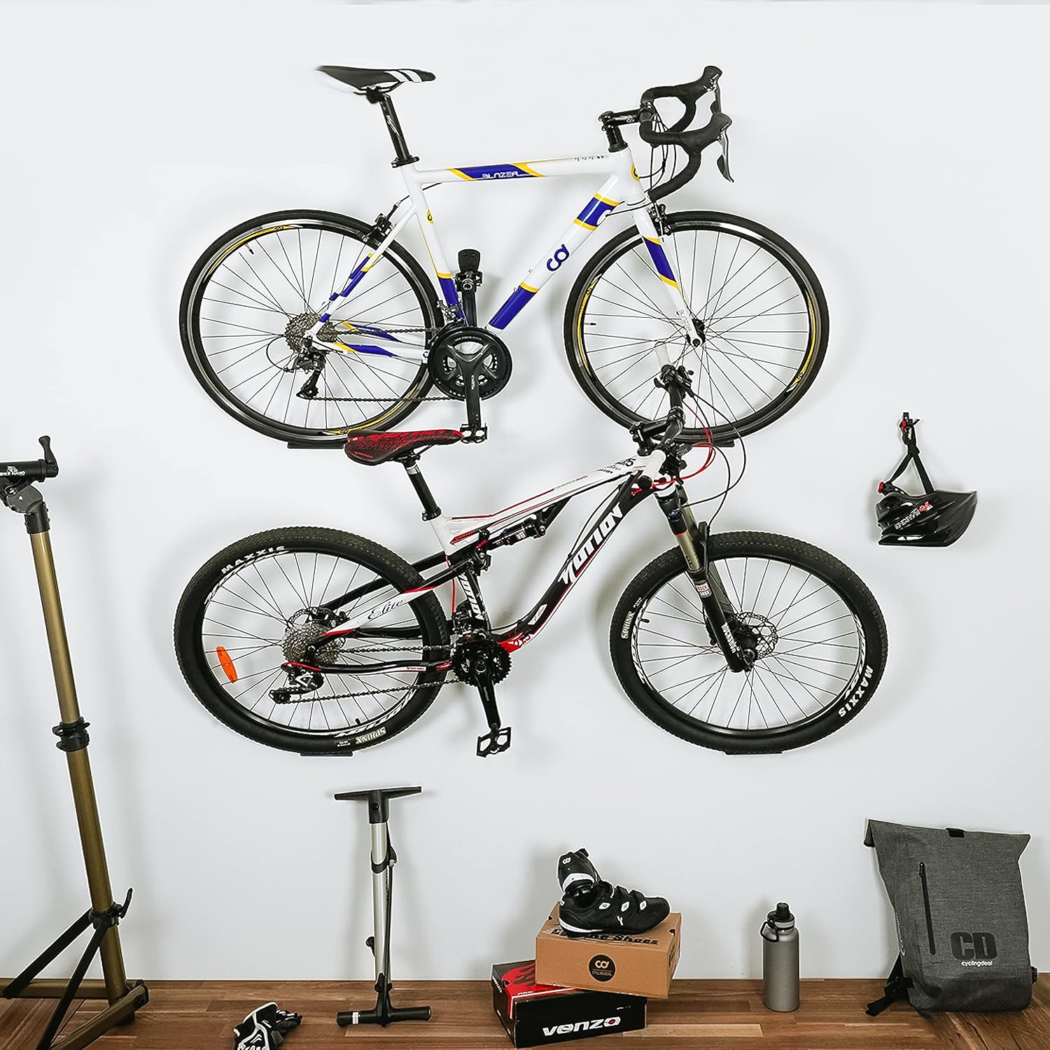 Venzo Bike Bicycle Cycling Pedal Wall Mount Indoor Storage Hanger Stand - Hook Rack Holder - with Tire Brackets - Great for Garage and Shed (3)