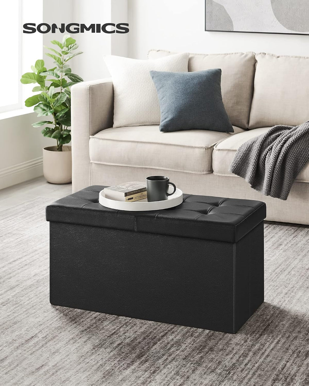SONGMICS MAZIE Collection - 30 Inches Storage Ottoman Bench with Flipping Lid, Storage Chest Footstool, Load 660 lb, for Entryway, Living Room, Bedroom, Synthetic Leather, Black ULSF45BK