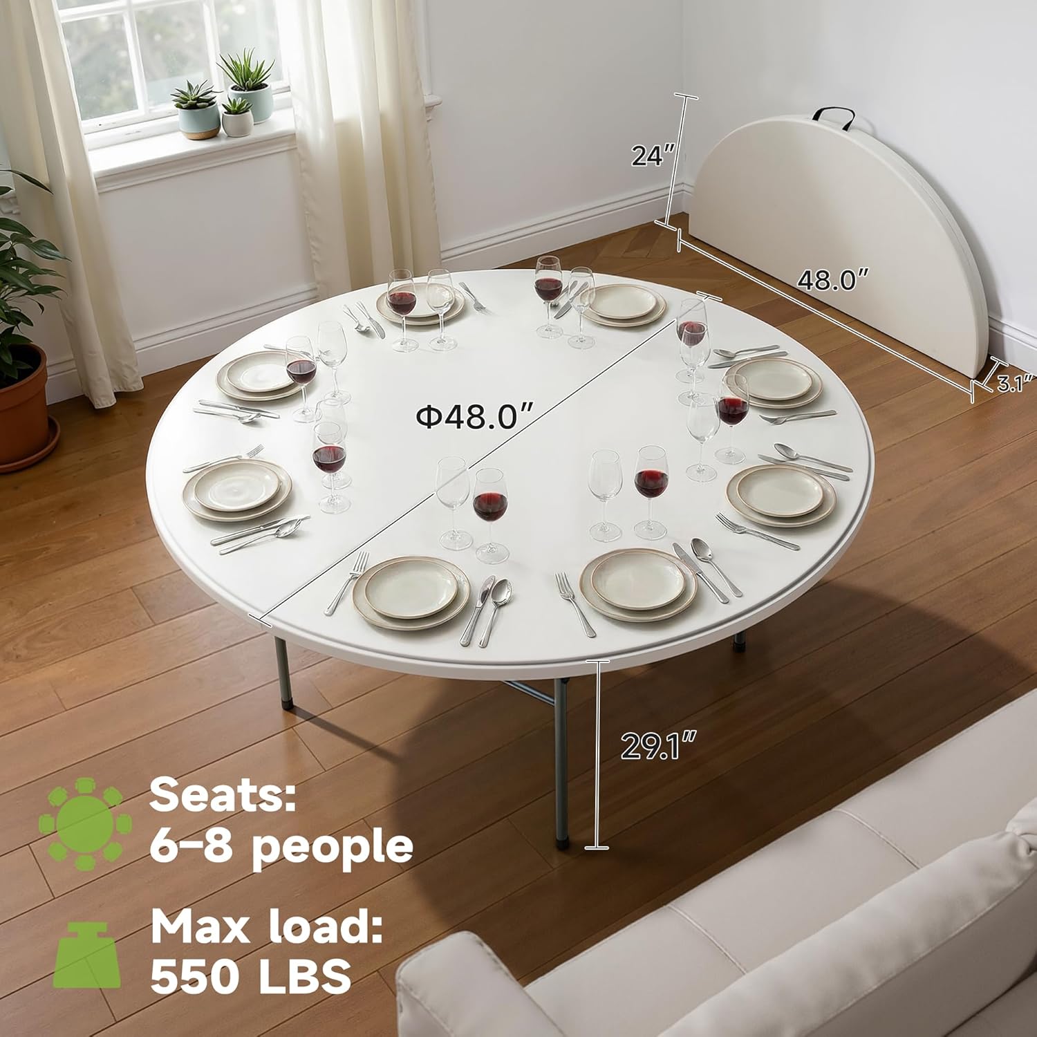 48 Inch Round Folding Table, Sturdy & Foldable Design, Heavy Duty 550lbs Capacity, Folding Dining Table for Camping, Picnic, Party, Dining