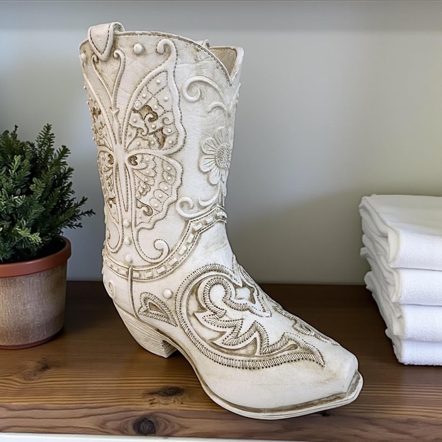Top Brass Butterfly Boot Vase – Resin Cowboy/Cowgirl Boot Decor - Antique White Finish, Tooled Leather Look, Protective Pads, Modern Rustic Western Flower Holder, 7” Tall