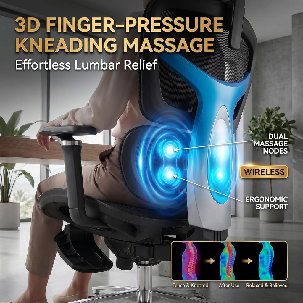 Ergonomic Office Chair with Footrest & 3D Massage Lumbar Support, Adjustable Seat Depth & Back Height,Big and Tall,400lbs, 4D Headrest, 4D Armrests, Reclining Office Chair for Home Office (Black)