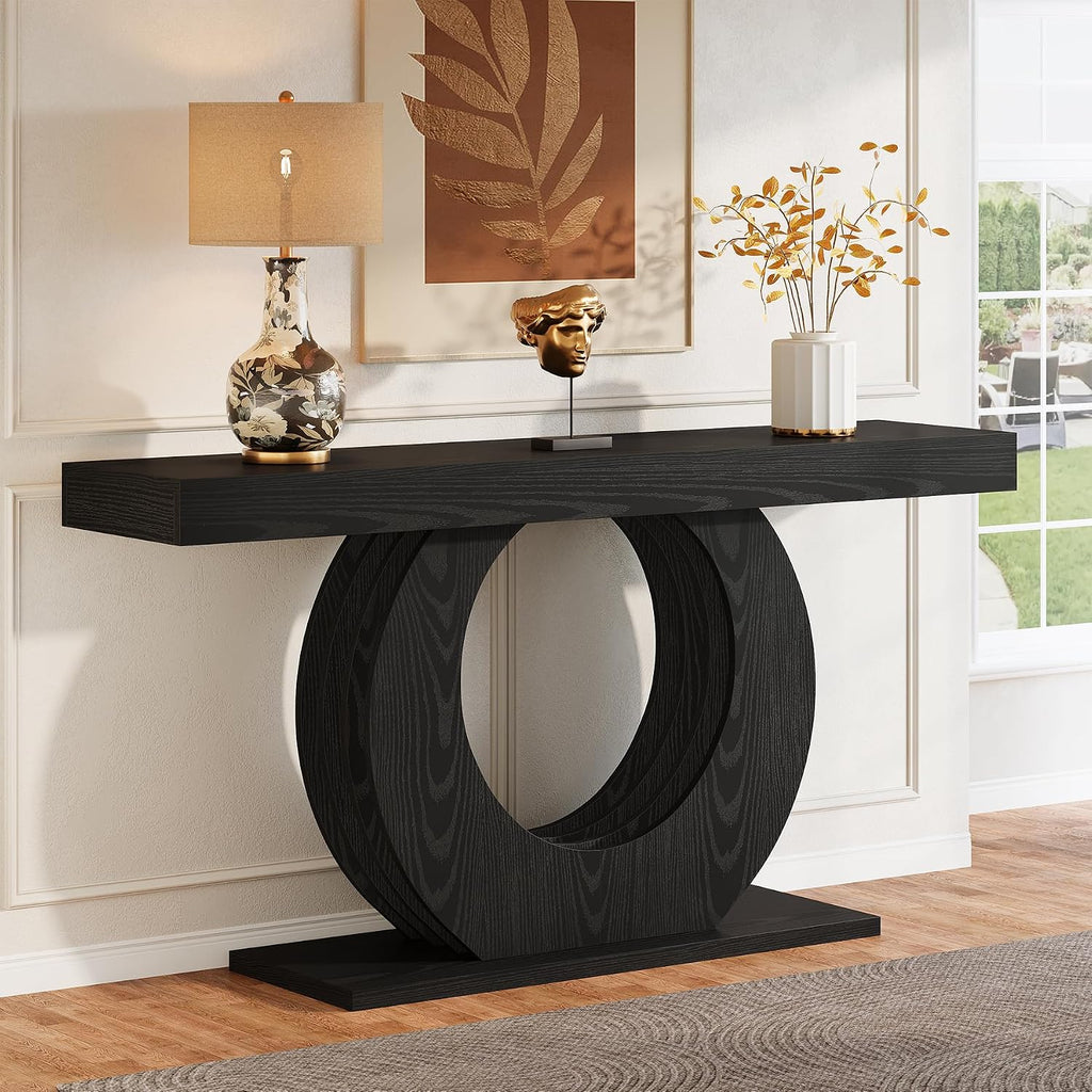 Tribesigns 63-Inch Console Sofa Table, Rustic Industrial Farmhouse Entryway Table, Narrow Long Couch Console Behind Sofa with Black Circle Base for Living Room Hallway, Black
