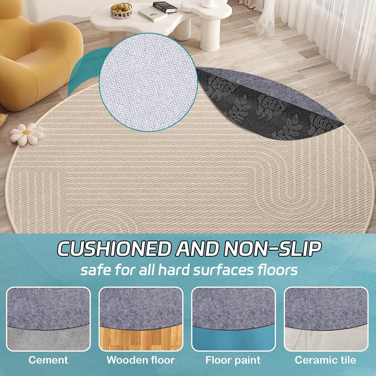 Waterproof Rug Pad Round 1/4Thick Waterproof Non-Slip Rug Pad,Pad for Hardwood Floors,Rug Pads for All Floors and Finishes, Keeps Carpets in Place Soft and Safe（5FT）