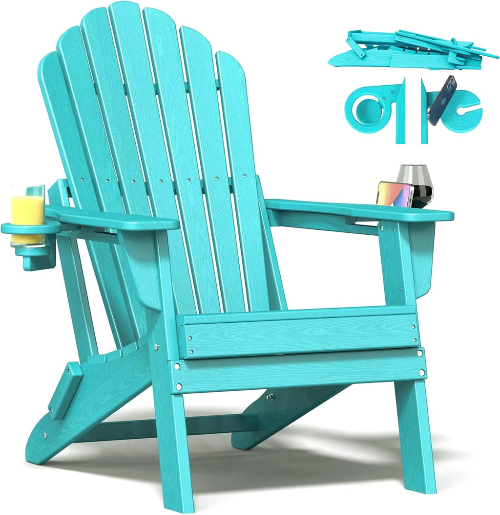 Folding Adirondack Chair with Dual Cup Holders, Ergonomic High Back HDPE Fire Pit Chair, 380lbs Capacity All-Weather Outdoor Patio Lounge Chair for Garden, Deck, Yard - Aruba Blue