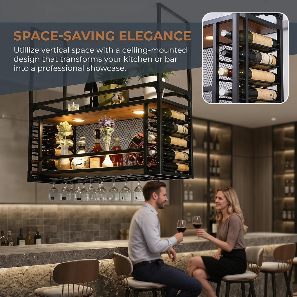 Wall Mounted Wine Rack with LED Light, Hanging Wine Bottle Holder Ceiling, 2-Layer Liquor Bottle and Glass Holder Display Storage,for Home Kitchen Din ing Room Living Room (31.49in/80cm)