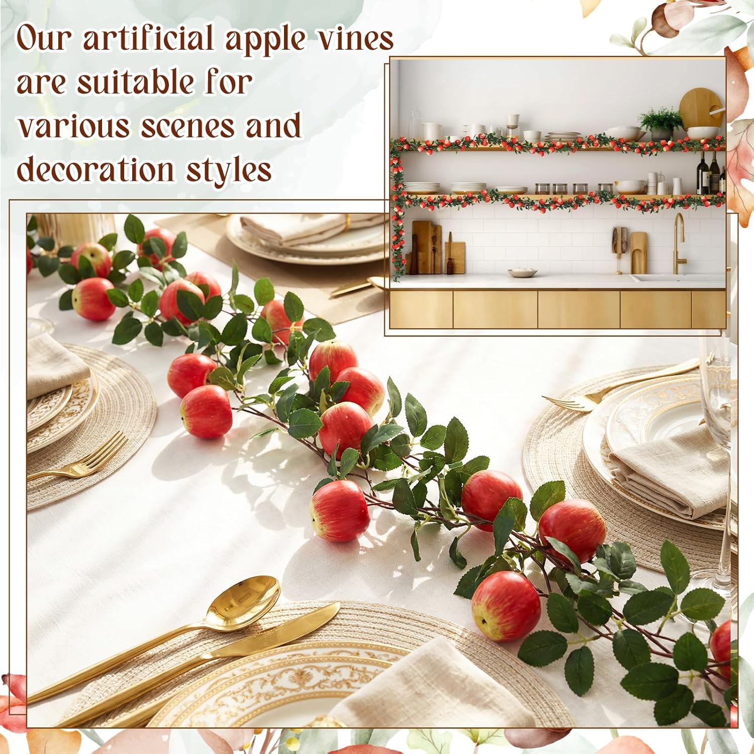 Suncalla 6 Pcs Artificial Apple Garland 57inch Fake Apples Bunch Strings with Stem and Leaves Fruit Hanging Vines Decorations for Kitchen Table Centerpieces Wall Party Birthday