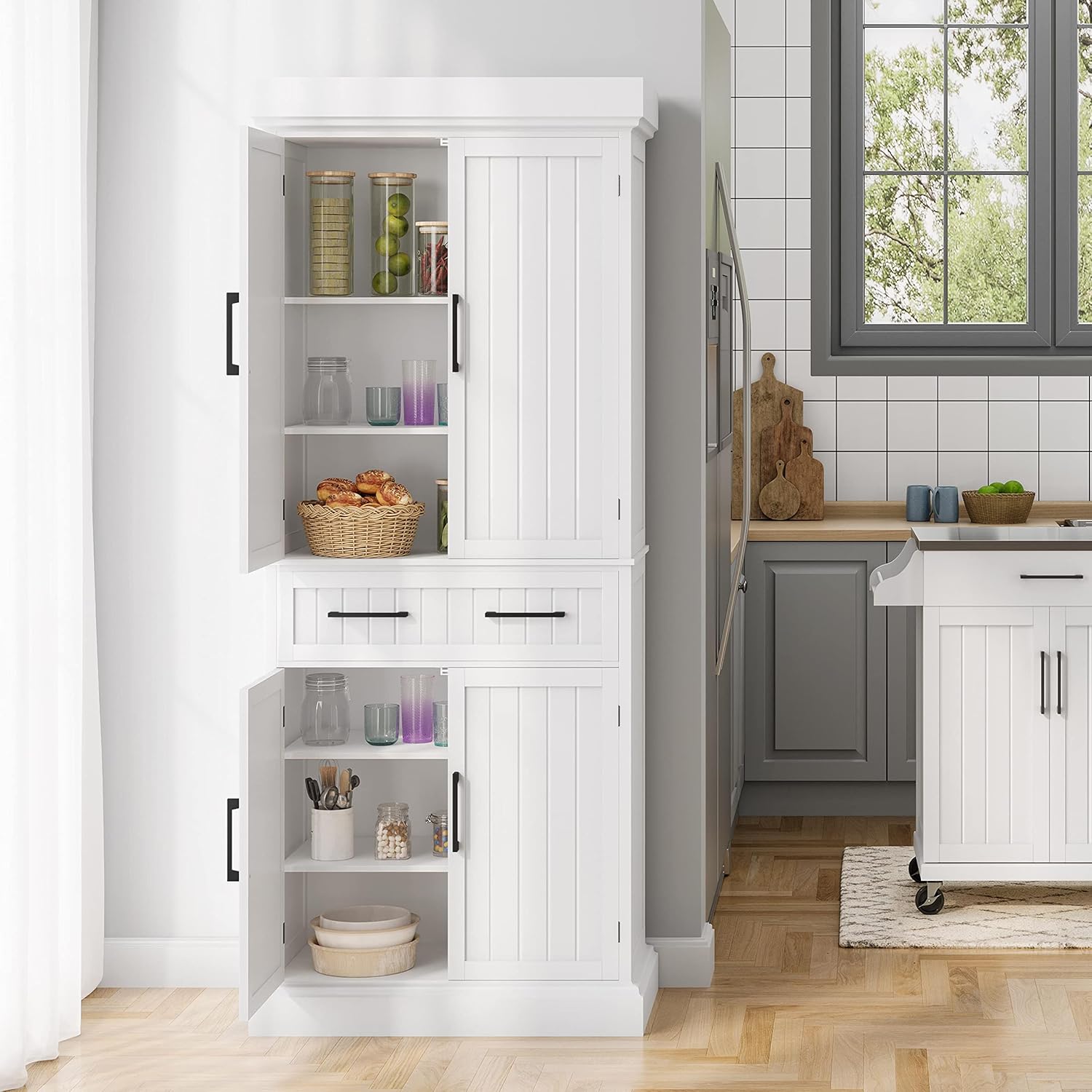 Topeakmart 72.5" Kitchen Pantry with Large Drawer, Wooden Pantry Cabinet Cupboard with Doors and Adjustable Shelves, Storage Cabinet Organizer for Kitchen, Dining Room, Living Room, White