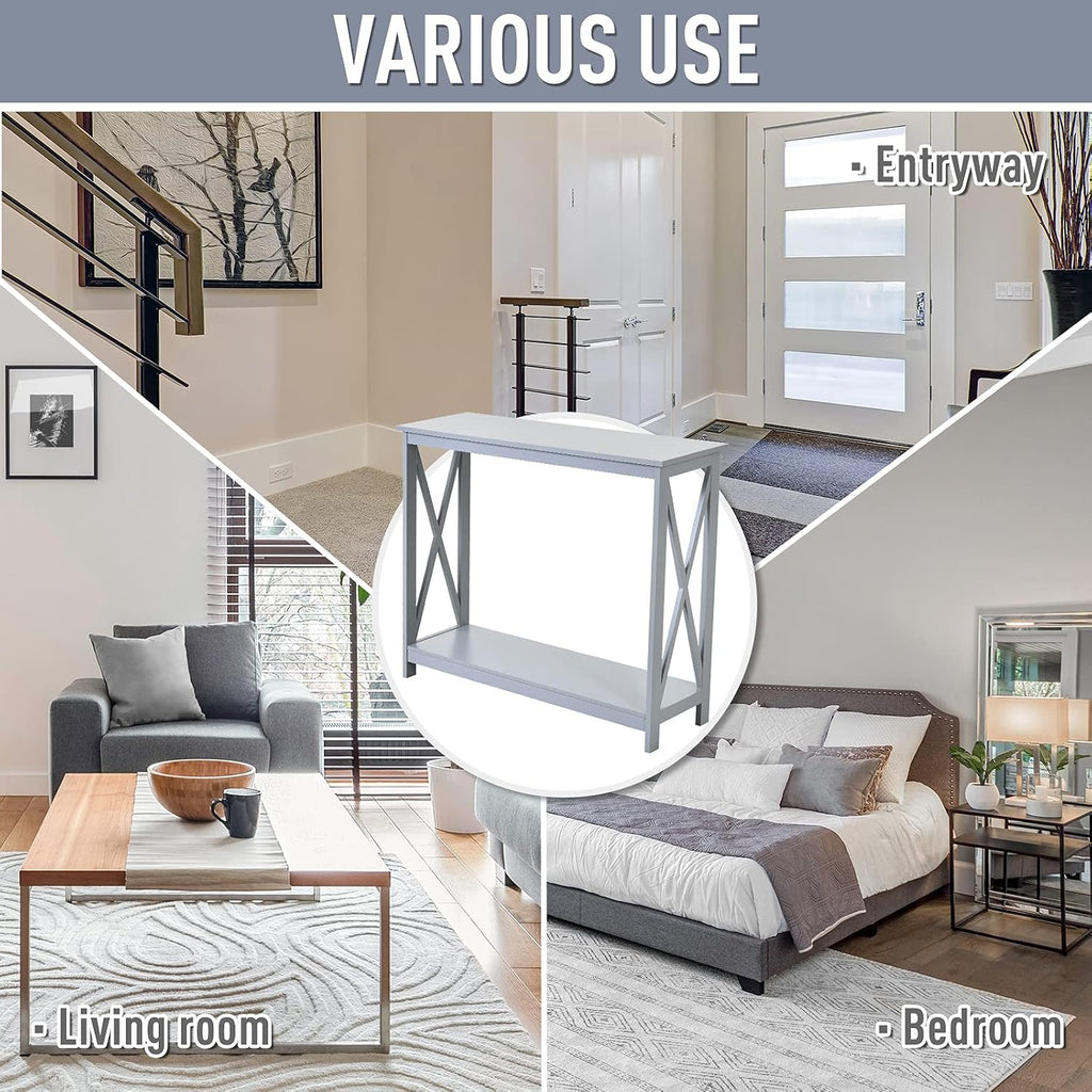 2 Tier Console Table, Sofa Side Table with Storage Shelf, X for Entryway, Living Room, and Hallway, Grey