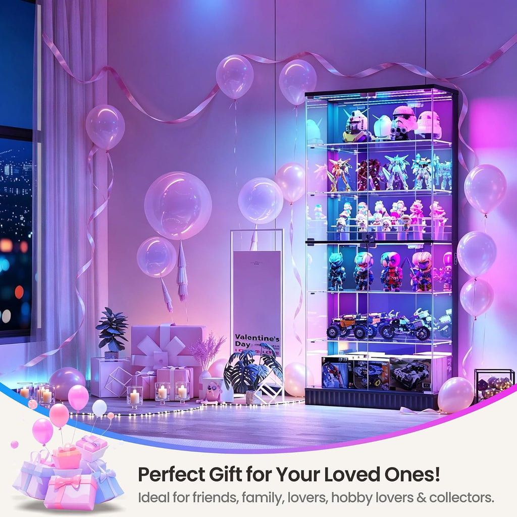 Lvifur 71" Tall Glass Display Cabinet with RGB Lights for Living Room,Black | 6-Tier Lockable Curio Cabinet with Glass Door,Display Shelves,App Control,Motion Sensor,Display Case for Collectibles/Books