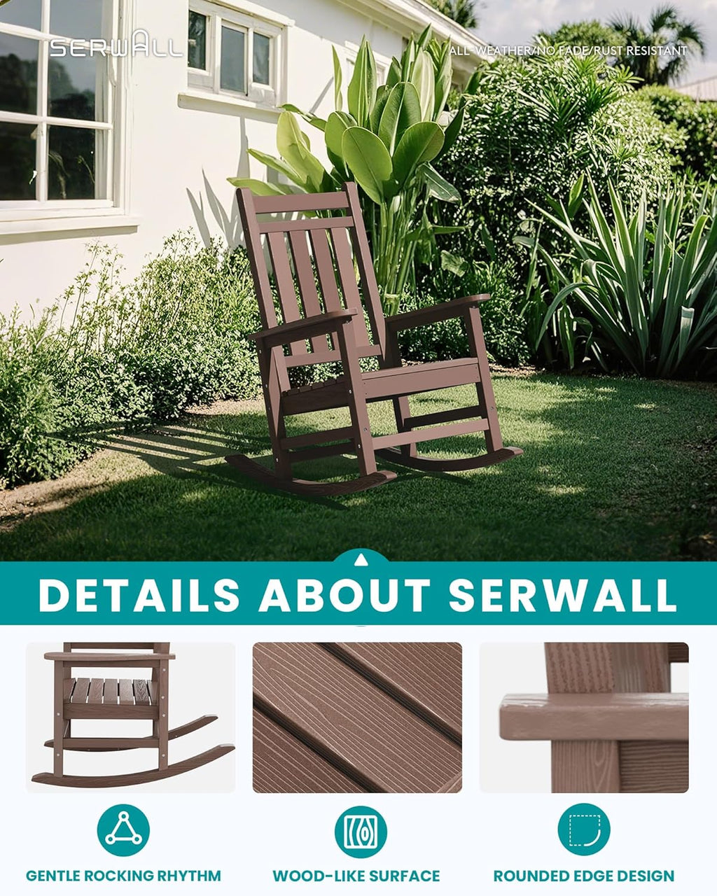 SERWALL Outdoor Rocking Chair Set of 2, HDPE Rocking Chair for Adults, All Weather Porch Rocker for Lawn Garden, Unique Color Matching Each Chair Varies, Multi-Tone Brown