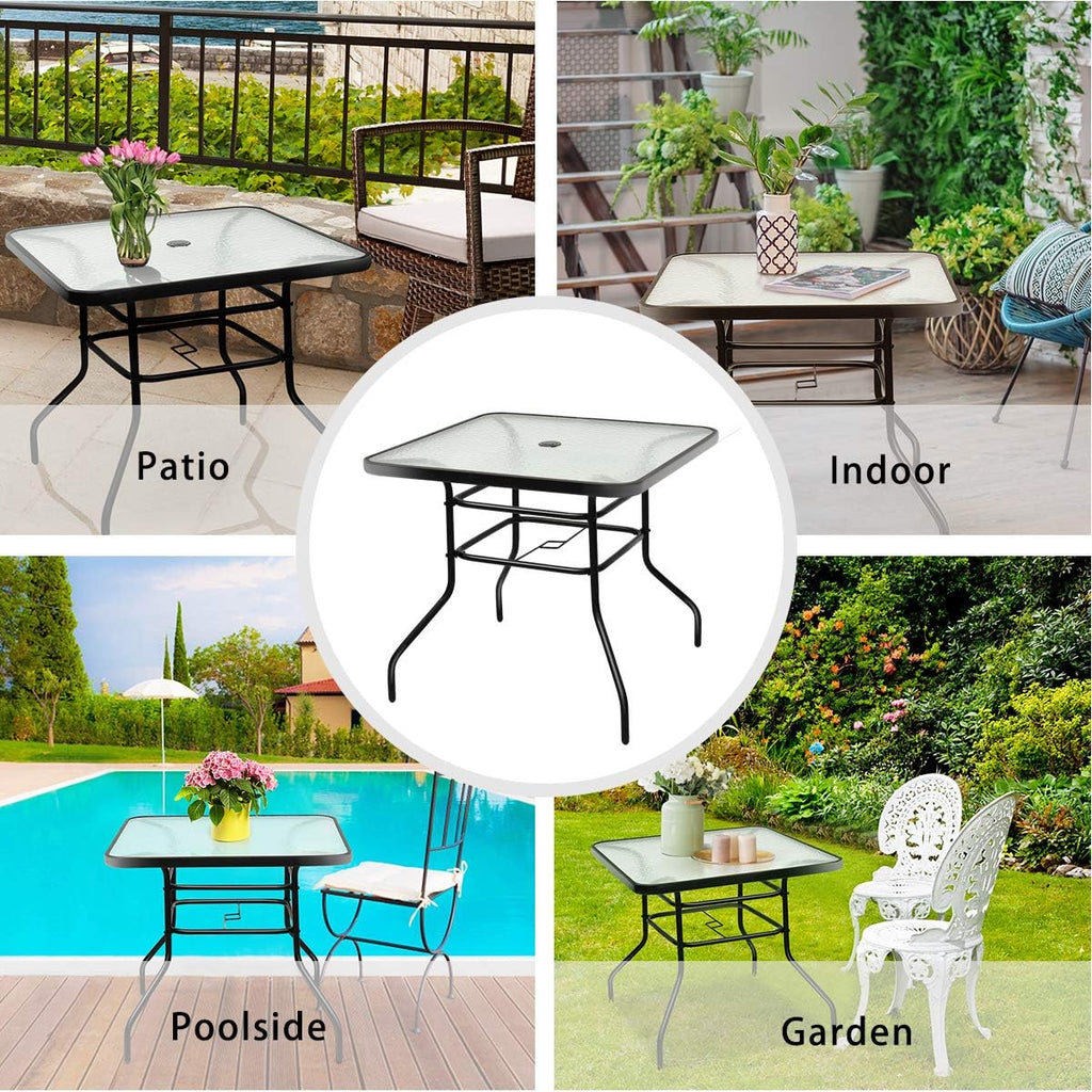 Tangkula 32" Square Outdoor Dining Table with Tempered Glass Top, Outside Bistro Table with 2" Umbrella Hole & Metal Frame, Patio Dining Table for Backyard, Lawn, Deck & Poolside