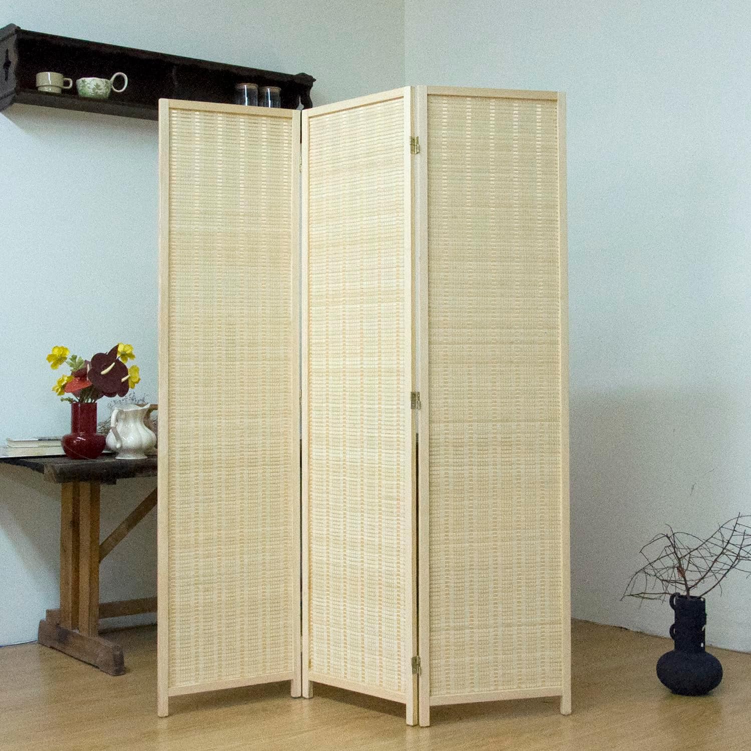 3-Panel Bamboo Room Divider - 5.6 ft Tall Beige Folding Privacy Screen, Double-Sided Freestanding Partition Wall with Natural Wood Frame for Home Office & Corner Privacy