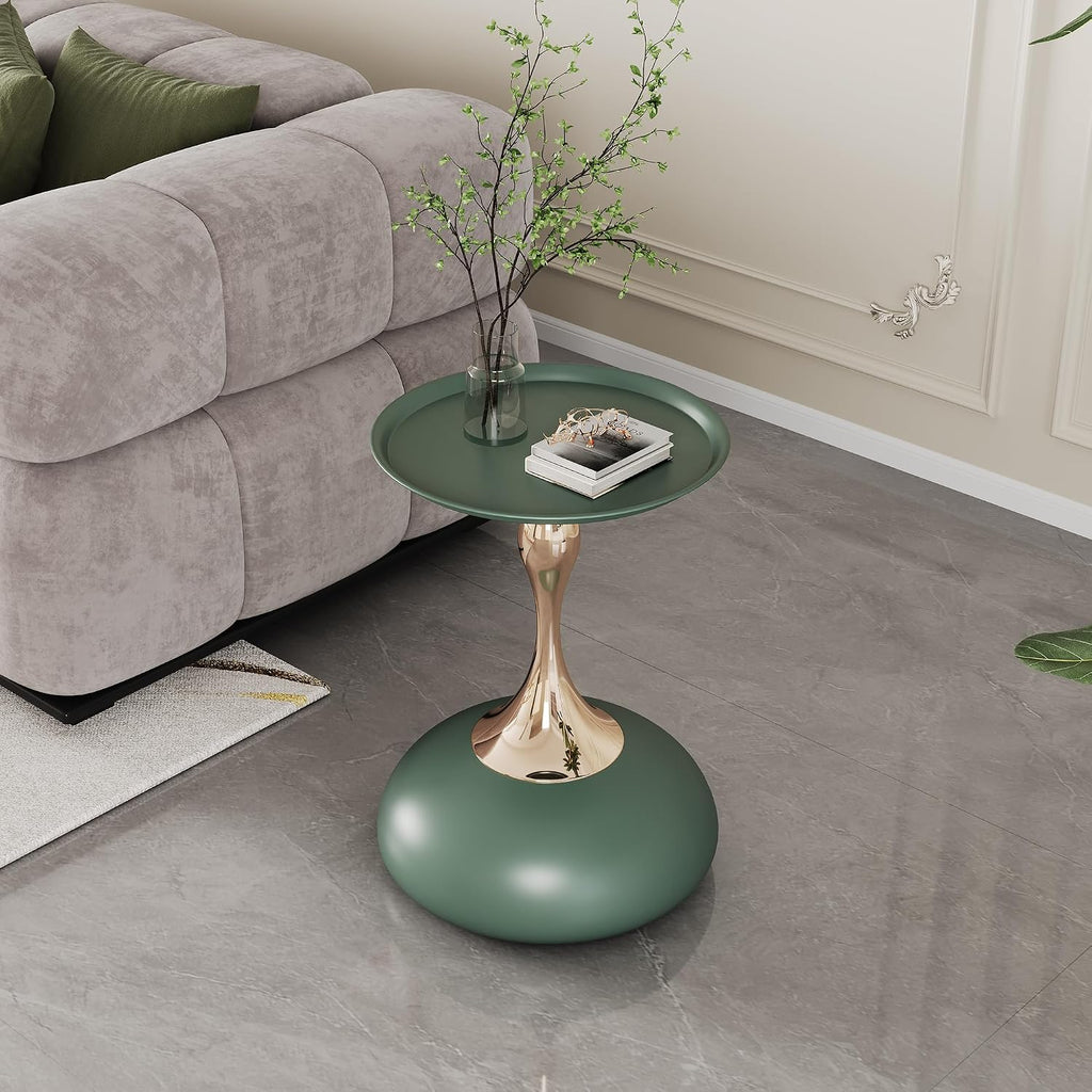 Green Round Side Table for Small Spaces, Small End Table with Metal Pedestal, Minimalist Corner Accent Table for Sofa, Bedroom, Living Room, Easy Assembly