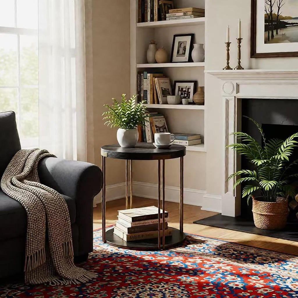 Modern Vintage Round End Table, 22” 2-Tier Sofa Side Table with Black Wood Top and Brass Metal Frame for Living Room, Bedroom
