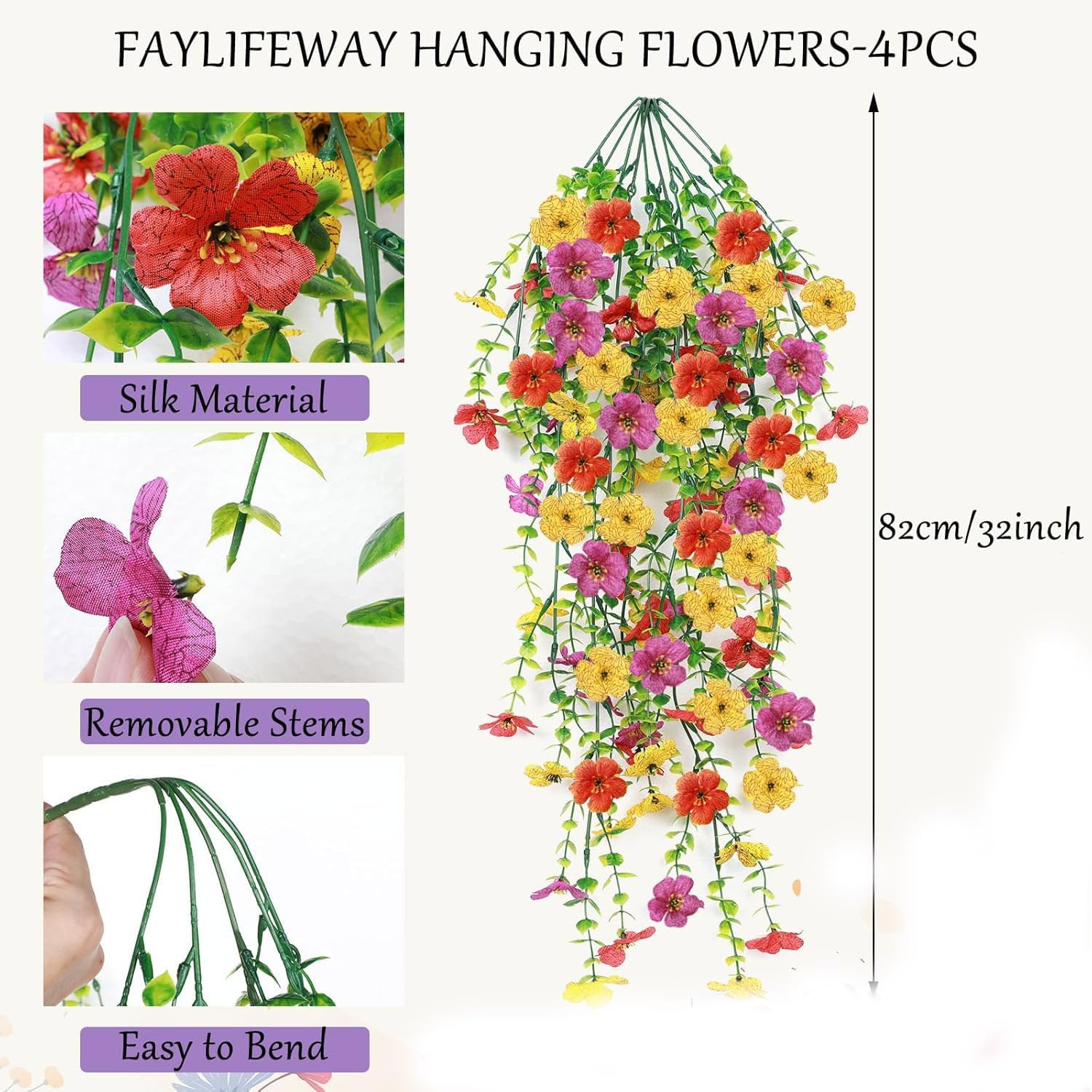 4 Pcs Artificial Flowers for Outdoors Summer Decor, URealistic Fake Flowers UV Resistant Hanging Flowers Silk Faux Plants for Outside, Garden, Yard,Porch, Wall Home Indoor (Mix Color)