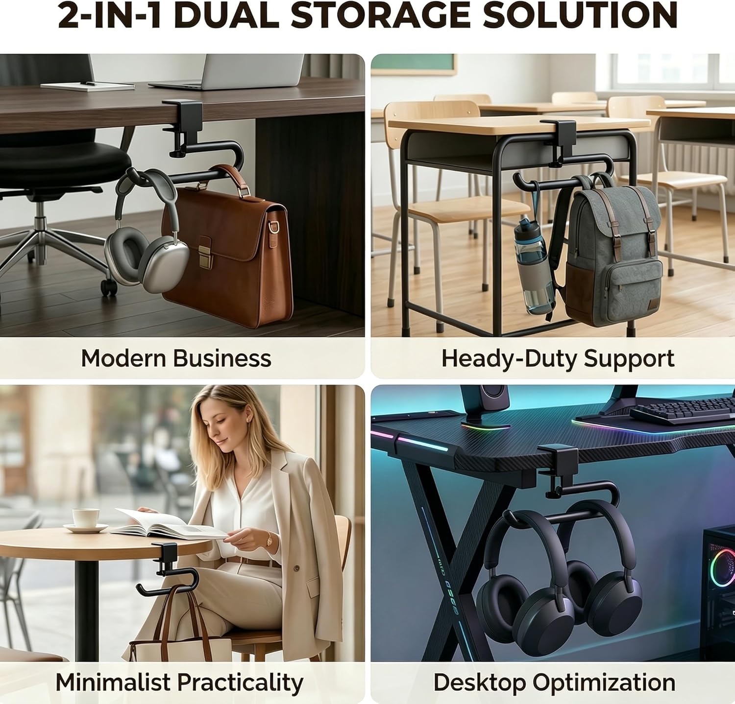 Desk Hook & Bag Hooks for Tables, Anti-Slip 60LB Heavy Duty Clamp-On Backpack Hanger, Extended Clearance Bag Holder for Desk for Office & Gaming, Adjustable (0.19-1.57in) (Black)