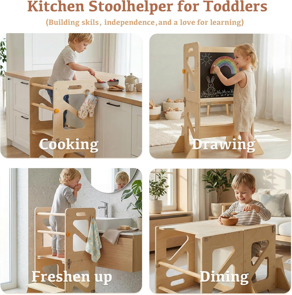 Toddler Kitchen Stool, 4 in 1 Foldable Toddler Tower with Anti-tip Structure, Montessori Learning Standing Tower for Kitchen Counter & Bathroom Sink, Kitchen Stool Helper for Kids 18M+