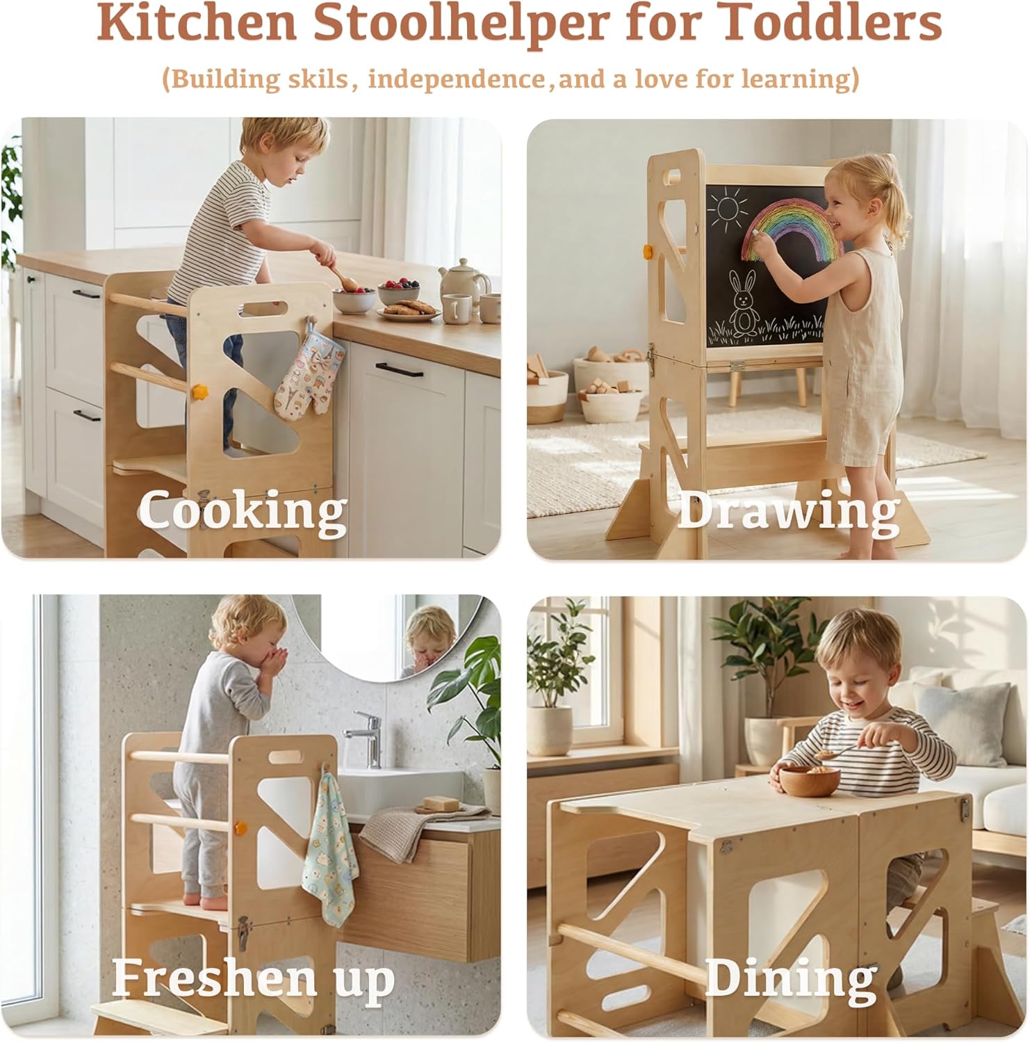 Toddler Kitchen Stool, 4 in 1 Foldable Toddler Tower with Anti-tip Structure, Montessori Learning Standing Tower for Kitchen Counter & Bathroom Sink, Kitchen Stool Helper for Kids 18M+