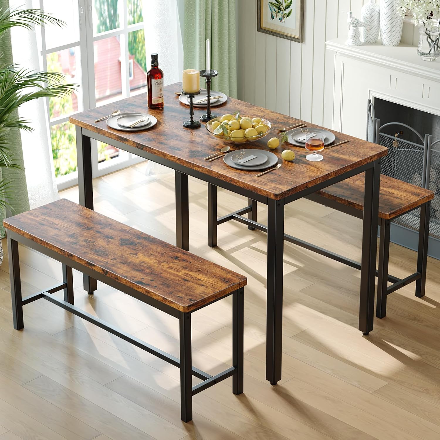 Tatub Dining Table Set for 4, 3-Piece Kitchen Table with 2 Benches, Space-Saving Dining Room Set for Breakfast Nook and Small Spaces, Brown