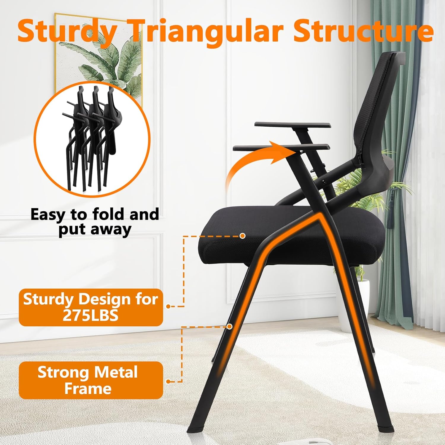 CLATINA Stackable & Foldable Office Chairs with Ergonomic Lumbar Support and Thickened Seat Cushion, Folding Mesh Fabric Reception Guest Chair for School Church Lobby Conference Room, Black (2pk)