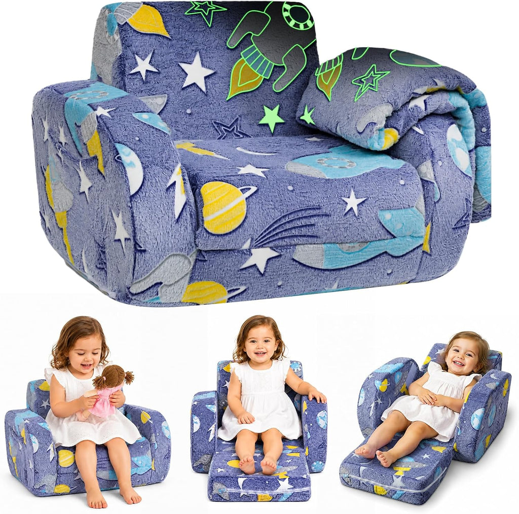 3-in-1 Kids Couch, Toddler Chair Comfy 1-3 Years Old, Kids Fold Out Couch with Blanket, Convertible Sofa to Lounger for Girls and Boys Reading, Playing, Napping - Blue