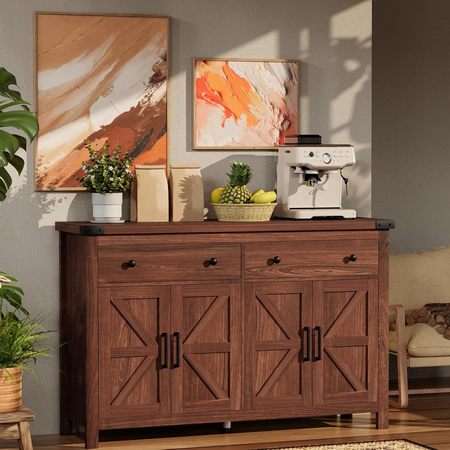 VVFLU Buffet Cabinet with Storage Farmhouse with 4 Doors and 2 Drawers, 55'' Large Kitchen Storage Cabinet Cherry Wood Coffee Bar Buffet Sideboard for Kitchen, Dining Room, Living Room