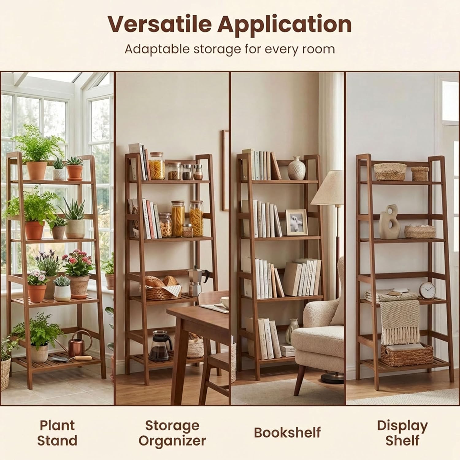 COSTWAY 4-Tier Ladder Shelf, Bamboo Plant Stand Rack, Freestanding Bookshelf, Multifunctional Storage Shelves, Flower Stand Rack Holder for Garden, Balcony, Living Room, Bedroom (Brown)
