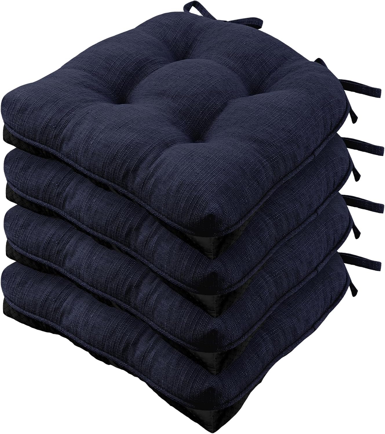 Wellsin Chair Cushions for Dining Chairs, Non-Slip Kitchen Chair Pads with Ties, Tufted Shredded Foam Kitchen Chair Cushions Set of 4, 15.5" X 15.5", Navy