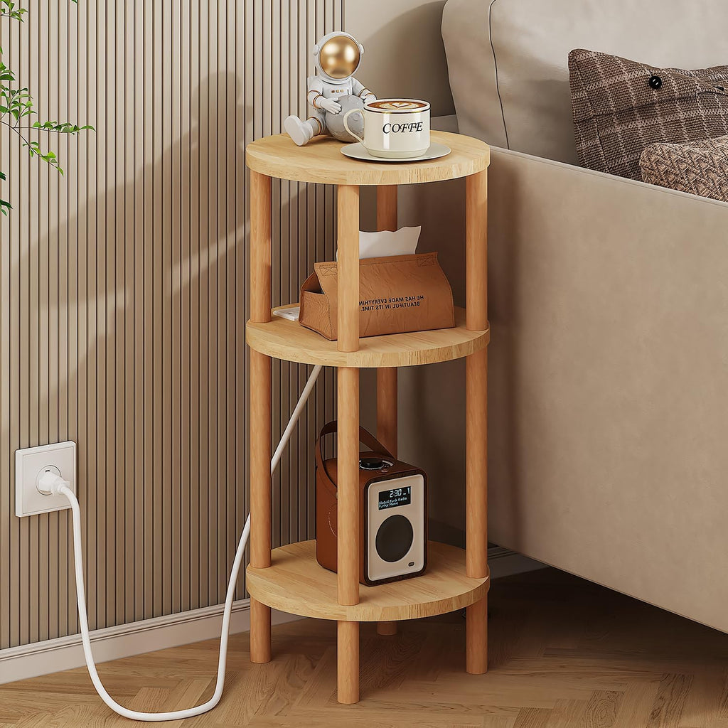 LUCKNOCK Small Round Side Table with Charging Station, 3-Tier Solid Wood End Table, Narrow Compact Sofa Bedside Table for Small Spaces, Easy Assembly for Living Room, Bedroom, Apartment (Natural)