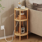 LUCKNOCK Small Round Side Table with Charging Station, 3-Tier Solid Wood End Table, Narrow Compact Sofa Bedside Table for Small Spaces, Easy Assembly for Living Room, Bedroom, Apartment (Natural)