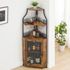 IDEALHOUSE Corner Wine Cabinet with Removable Wine Rack, Industrial Wine Cabinet with Glass Holder and Mesh Door, Liquor Coffe Bar Cabinet with Adjustable Shelves, Rustic Brown