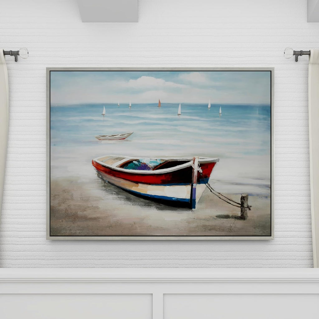 Deco 79 Canvas Sail Boat Framed Wall Art with Silver Frame, 47" x 2" x 36", Multi Colored