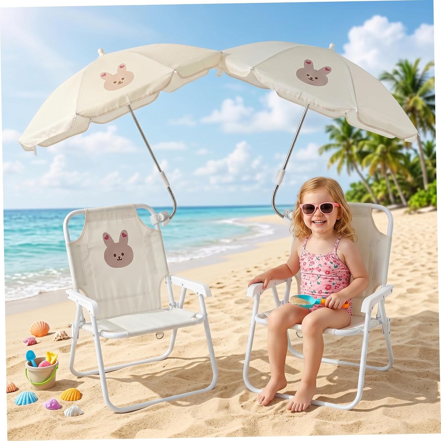Kids Beach Chair with Umbrella, Foldable Toddler Lawn Chair with Sun Shade for Beach/Pool/Camping/Fishing, Bunny..