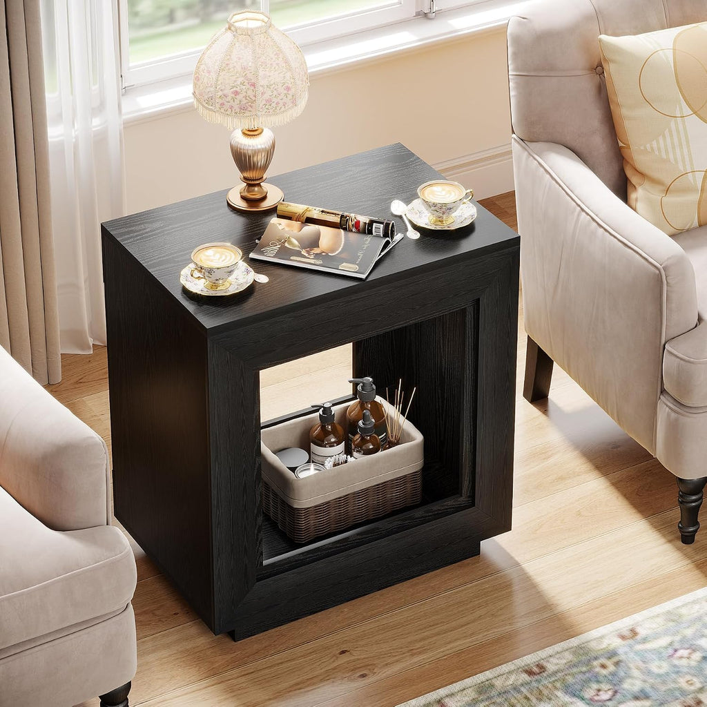 Tribesigns Rustic Wood End Table, 2 Tiered Square Side Table with Storage Shelf, Industrial Sofa Side Table for Living Room, Entrance (2, Black)