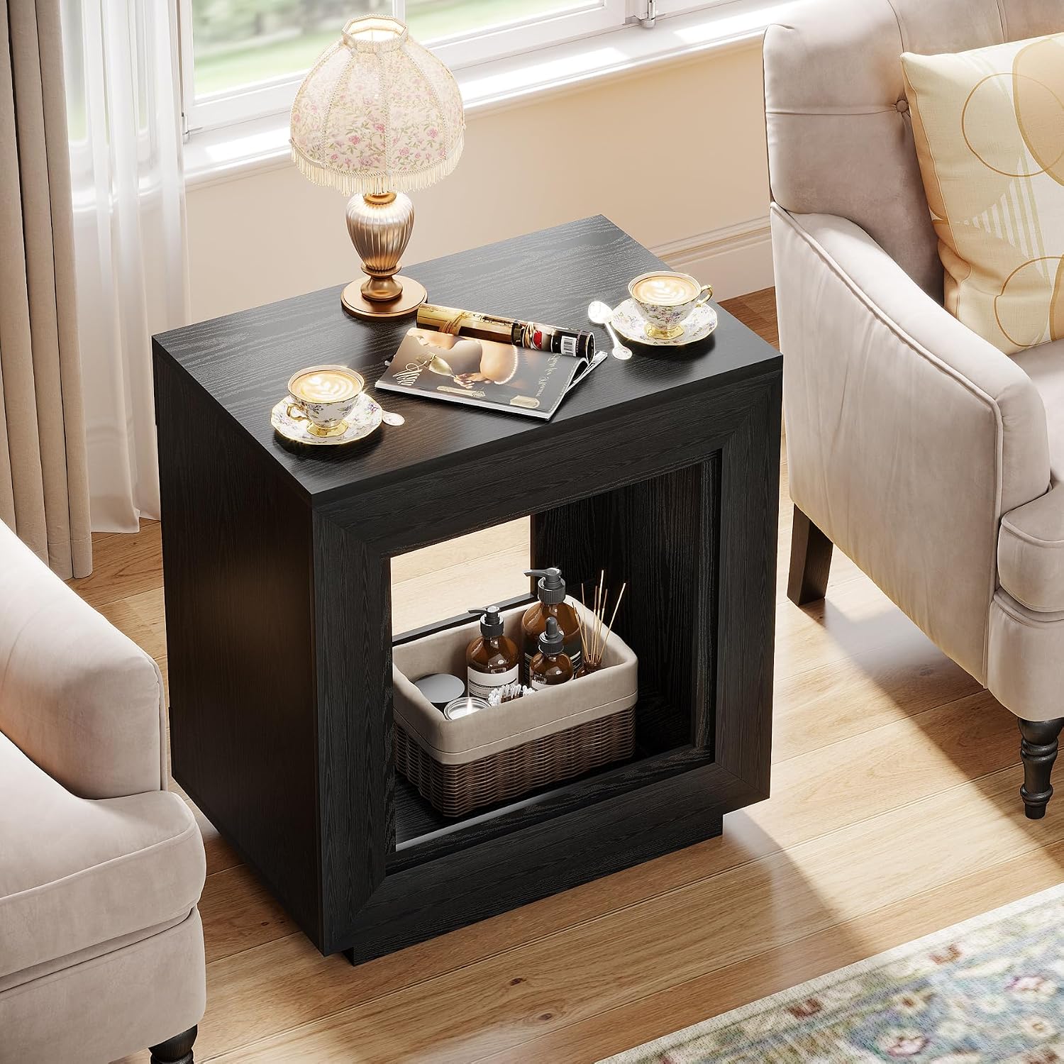 Tribesigns Rustic Wood End Table, 2 Tiered Square Side Table with Storage Shelf, Industrial Sofa Side Table for Living Room, Entrance (2, Black)