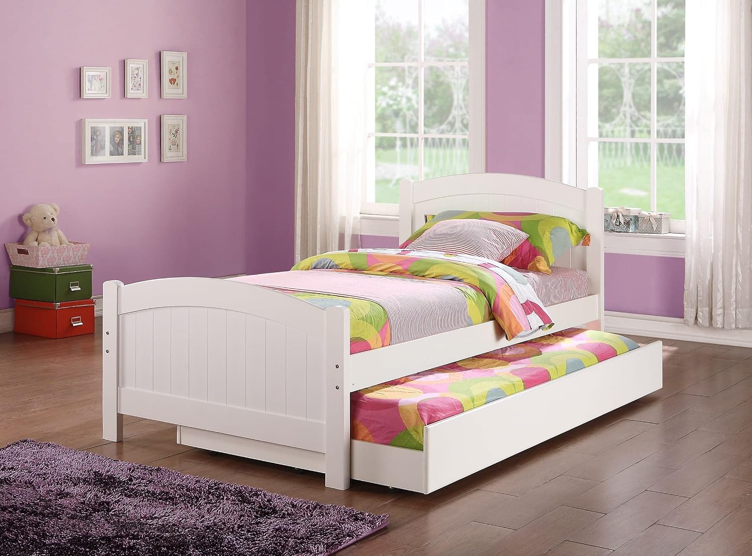 Twin Size Bed w, Trundle Slats White Pine Plywood Youth Bedroom Furniture