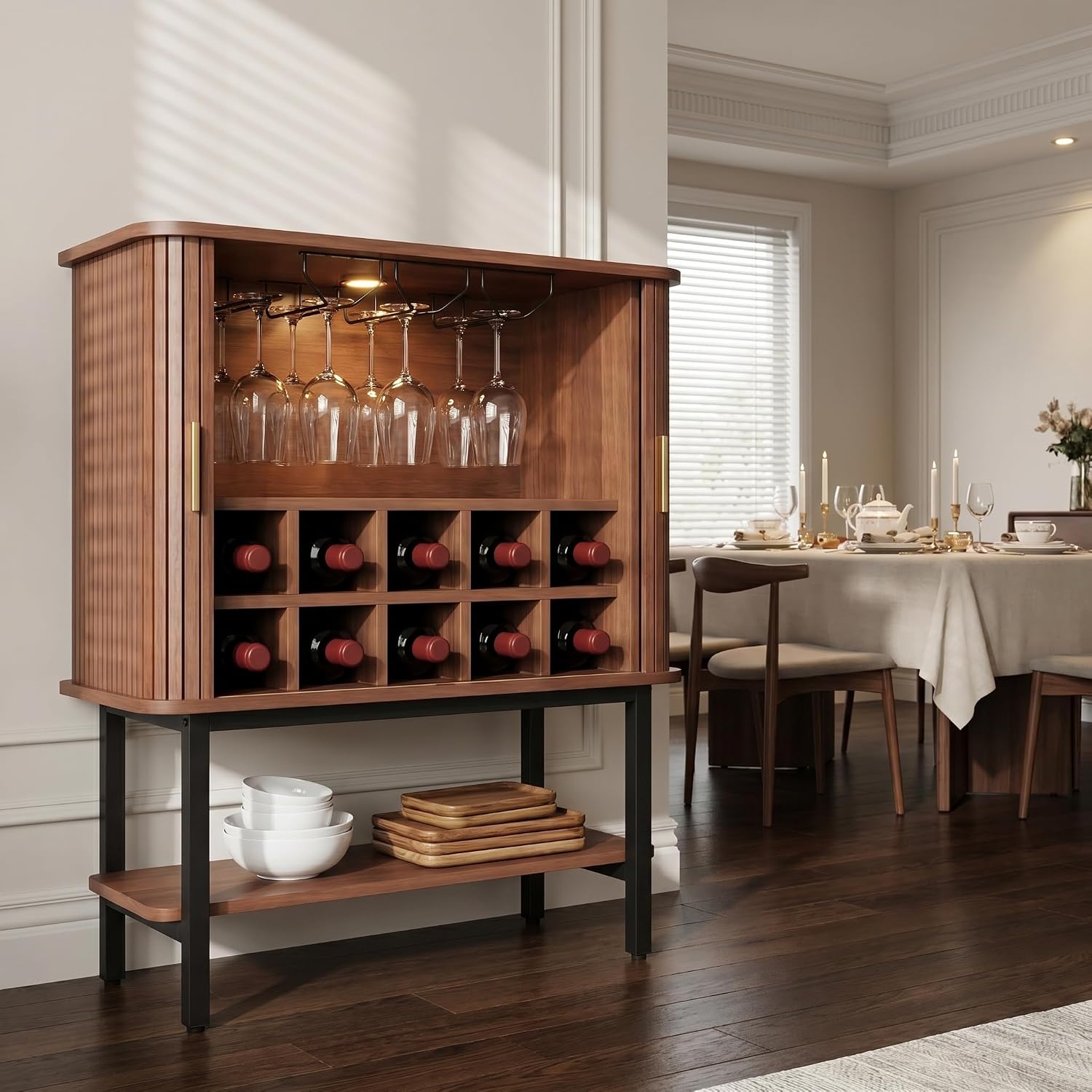 Wine Cabinet with Storage, Liquor Cabinet with Sliding Doors & Open Wine Rack, Fluted Wine Bar Cabinet with Glass Holder, Coffee bar Cabinet for Dining Room, Living Room & Entryway (Brown)