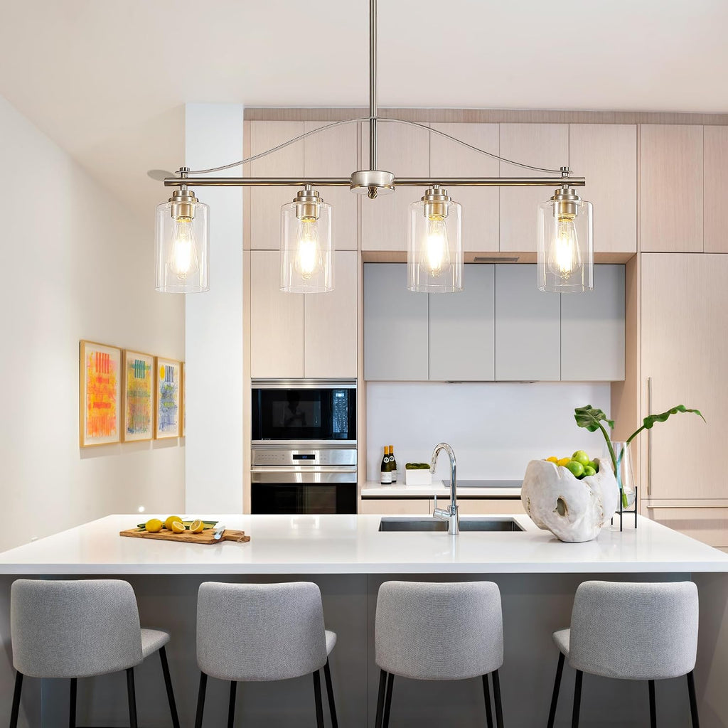 Island Light for Kitchen, 4-Light Linear Chandelier Pendant Lighting for Kitchen Island, Brushed Nickel Dining Room Light Fixture Over Table with Clear Glass Shades