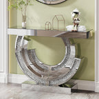 SSLine Mirror Console Table for Living Room 43" Modern Mirrored Entryway Table with Crystal 3-Ring Shape Base Luxury Silver Foyer Tables for Entryway Hallway